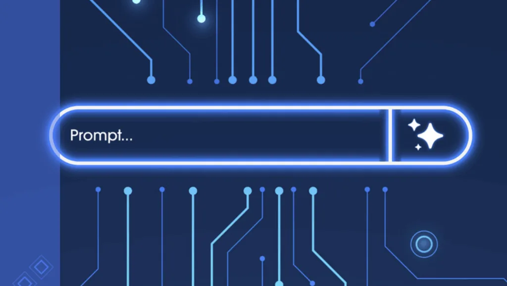 Image illustrant l'IA de manière futuriste avec une barre de recherche "prompt" au milieu" et des "liens connectés" un peu partout.
